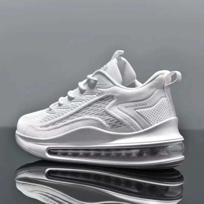 White men's casual air cushion running shoe with breathable mesh upper and transparent air sole unit on reflective surface