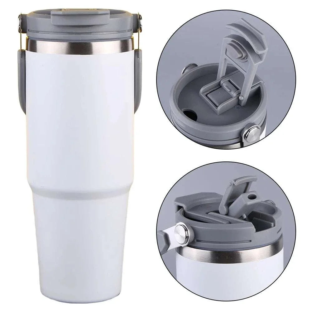 White 30oz vacuum insulated cup with handle, stainless steel double-layer sports water bottle, leak-resistant lid and easy-to-clean design.