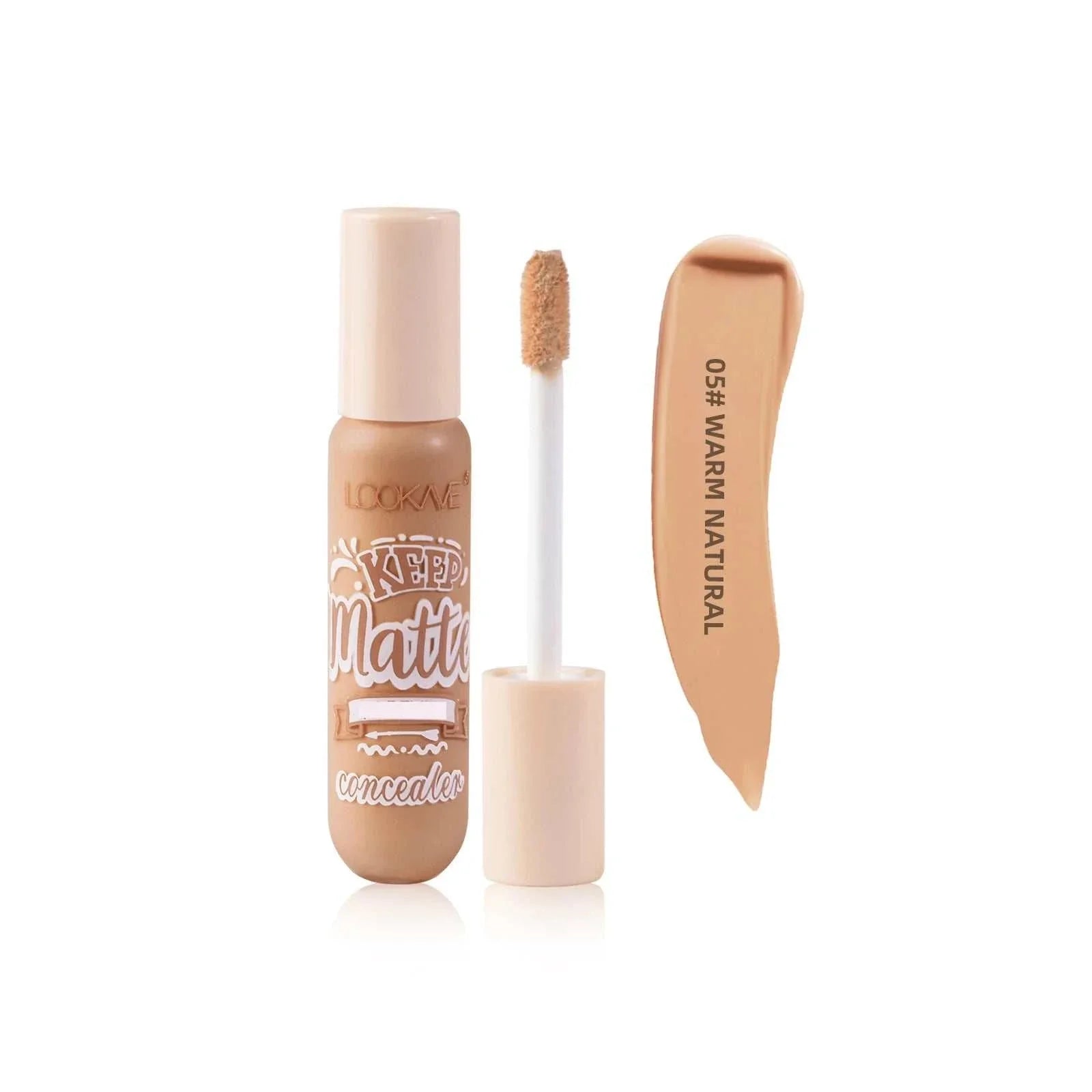 Liquid concealer stick foundation cream in warm natural shade with applicator wand and swatch sample