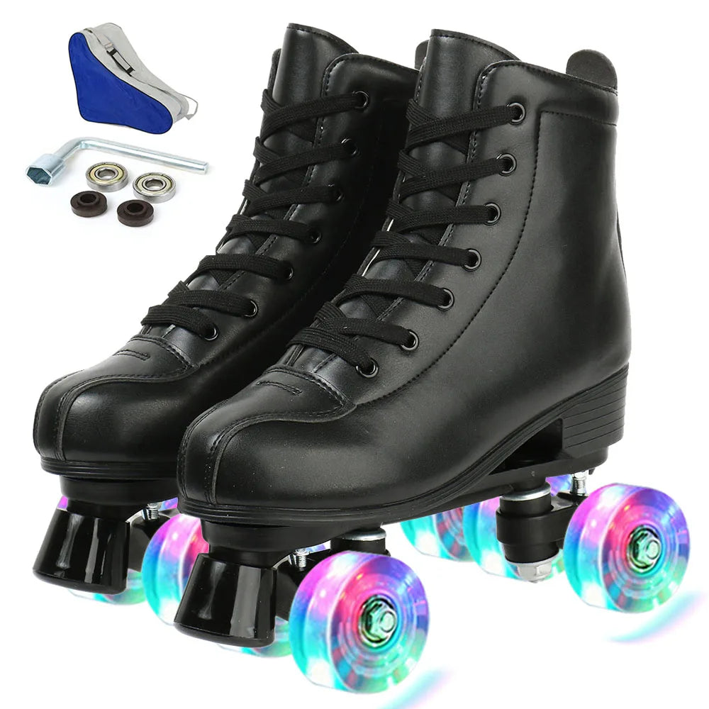 Black PU leather flash roller skates with light-up quad wheels and lace-up closure for smooth rides