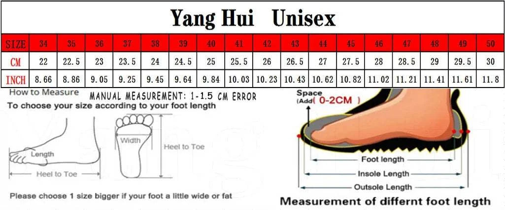 Unisex shoe size chart for men's casual air cushion running shoes with foot length measurements in cm and inches.