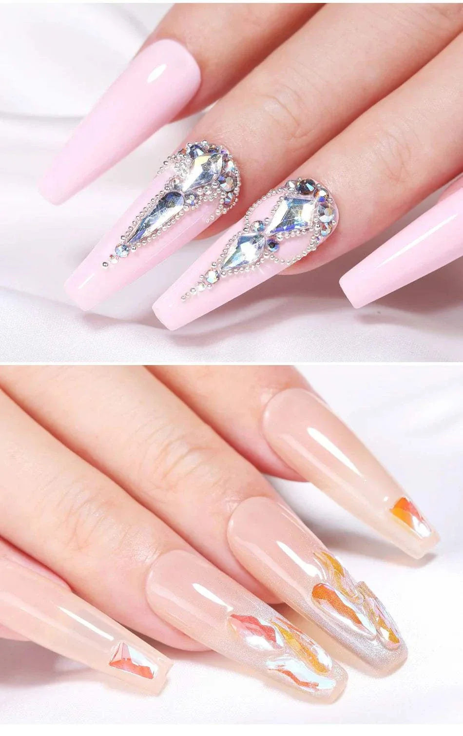 BORN PRETTY 10g Gel Nail Glue used for strong and precise rhinestone nail art application on long pink and nude nails