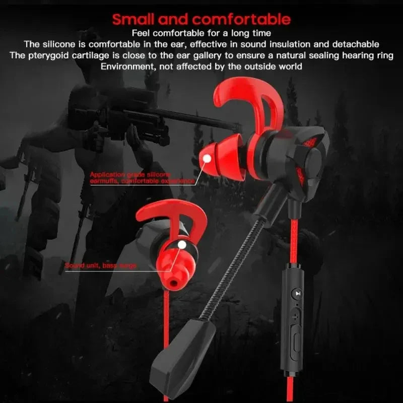 Red and black wired gaming earphones with built-in mic, ergonomic silicone ear hooks, and noise-isolating design for long, comfortable use.