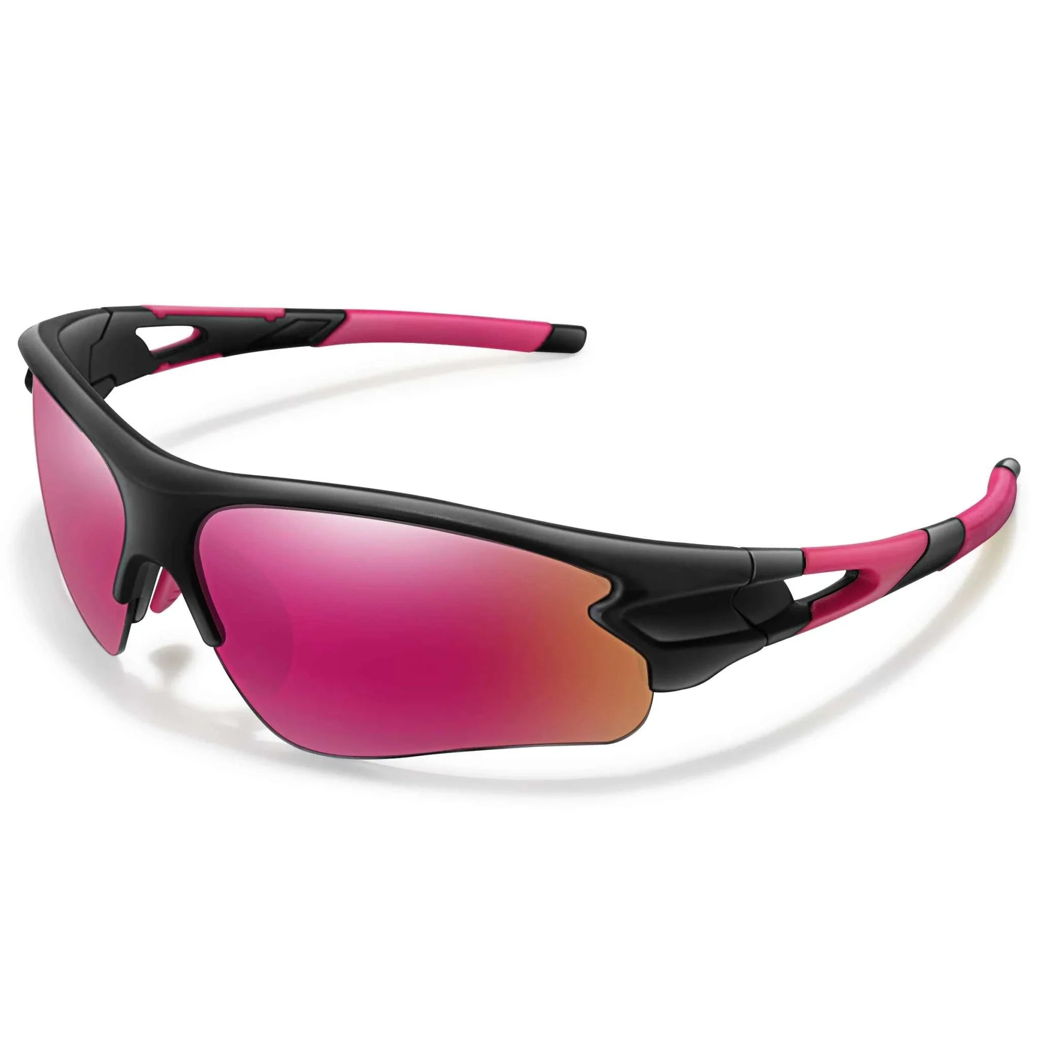 Unisex sporty Brand Fashion Women & Men Sunglasses with black and pink frame, UV400 protection, wraparound design for outdoor sports and activities