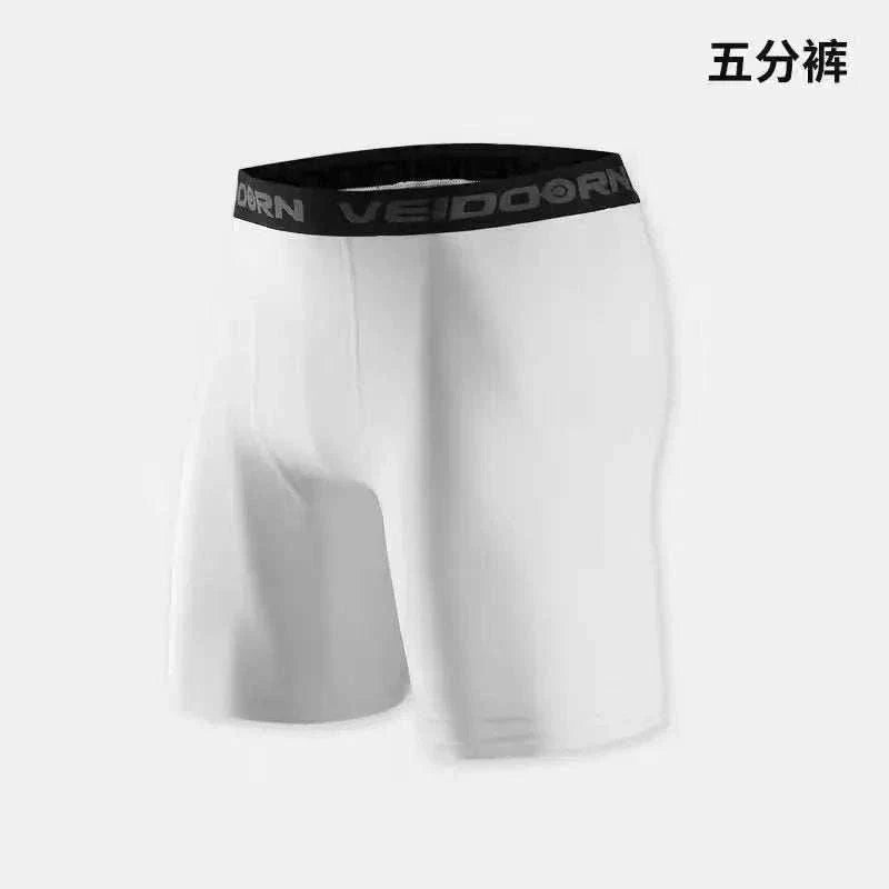 White men's compression workout tights with black waistband designed for athletic performance and muscle support