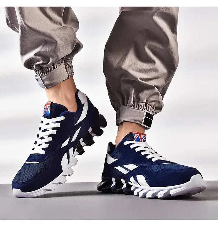 2025 new men's and women's running shoes in navy blue with white accents, breathable mesh, cushioned sole, and anti-slip outsole designed for comfort and versatile wear.