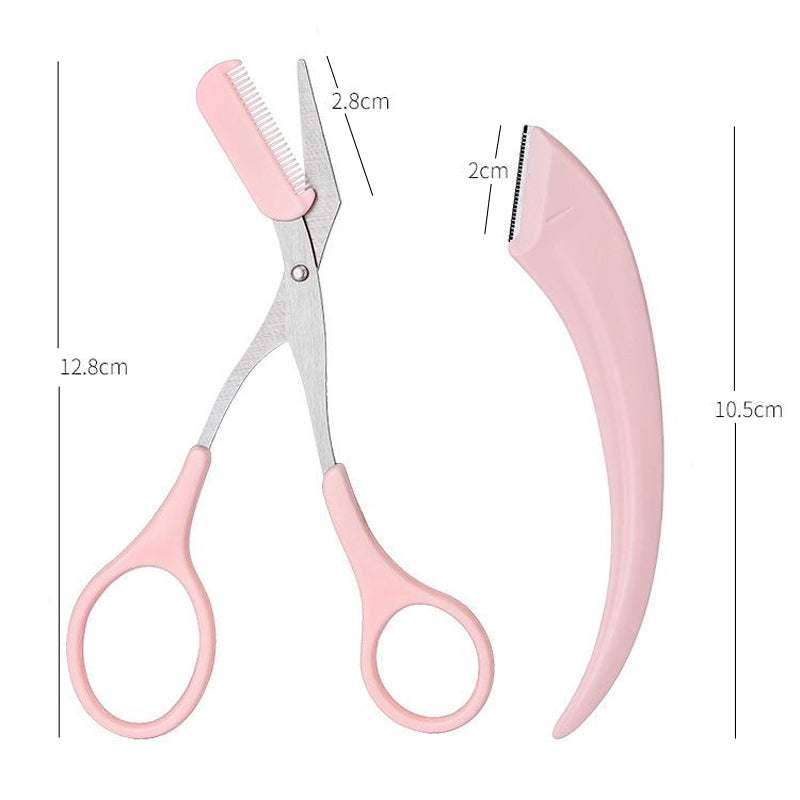 Karsyngirl eyebrow trimming knife set with pink ergonomic handle, precision razor and built-in comb attachment for grooming and shaping brows.