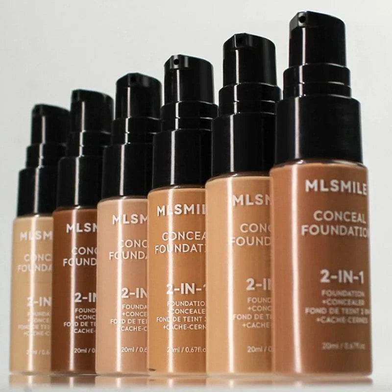 Range of MLSMILE 2-in-1 Face Foundation Cream bottles in various skin tones with pump dispensers, suitable for full coverage and oil-control matte finish.