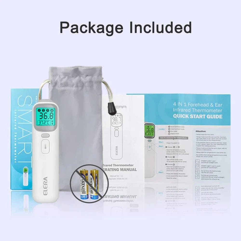 ELERA Infrared Digital Thermometer with LCD display, batteries, carrying pouch, and instruction manuals included in package