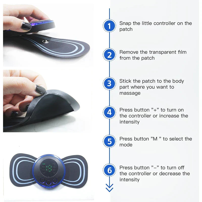 Replacement Patch for Neck Massager showing application steps and controller features