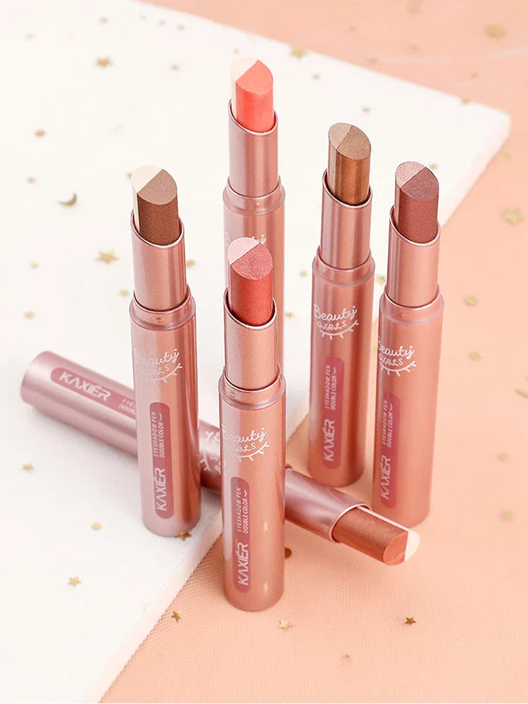 Gradient Two-Color Eye Shadow Pens with dual-tone, pearlescent shimmer and waterproof formula in sleek rose gold packaging