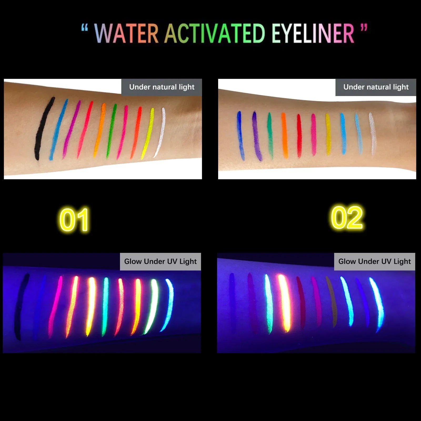 Glow Fluorescent Neon Oil waterproof face and body paint in 10 vibrant UV-reactive colors glowing under blacklight