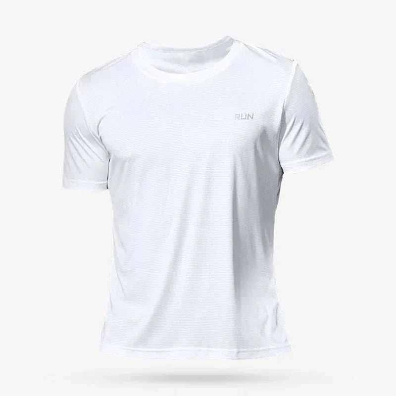 Men’s white quick-dry compression sport t-shirt with breathable fabric and muscle-supporting fit for fitness and training