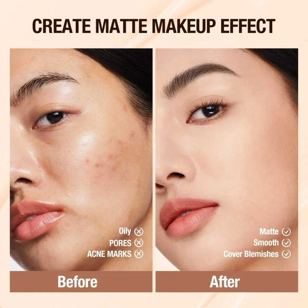 Before and after comparison of a woman's face showing oily skin with visible pores and acne marks before, and a smooth, matte finish with blemishes covered after using liquid concealer stick foundation cream.