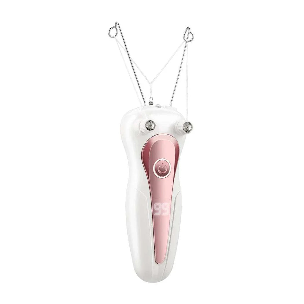 Electric body hair remover with rechargeable cotton thread epilation technology for gentle, cordless hair removal on sensitive skin.