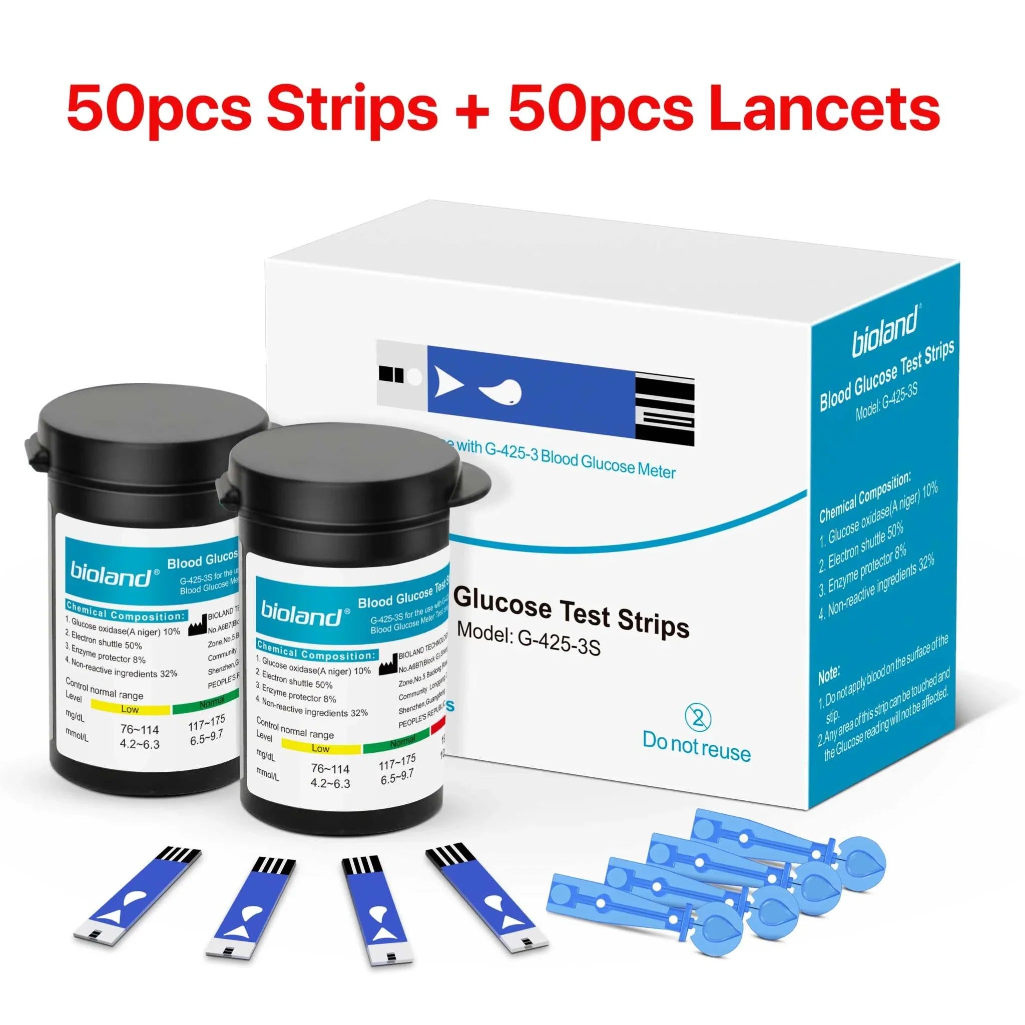 Bioland blood glucose meter test strips and lancets kit with 50pcs each for diabetes monitoring