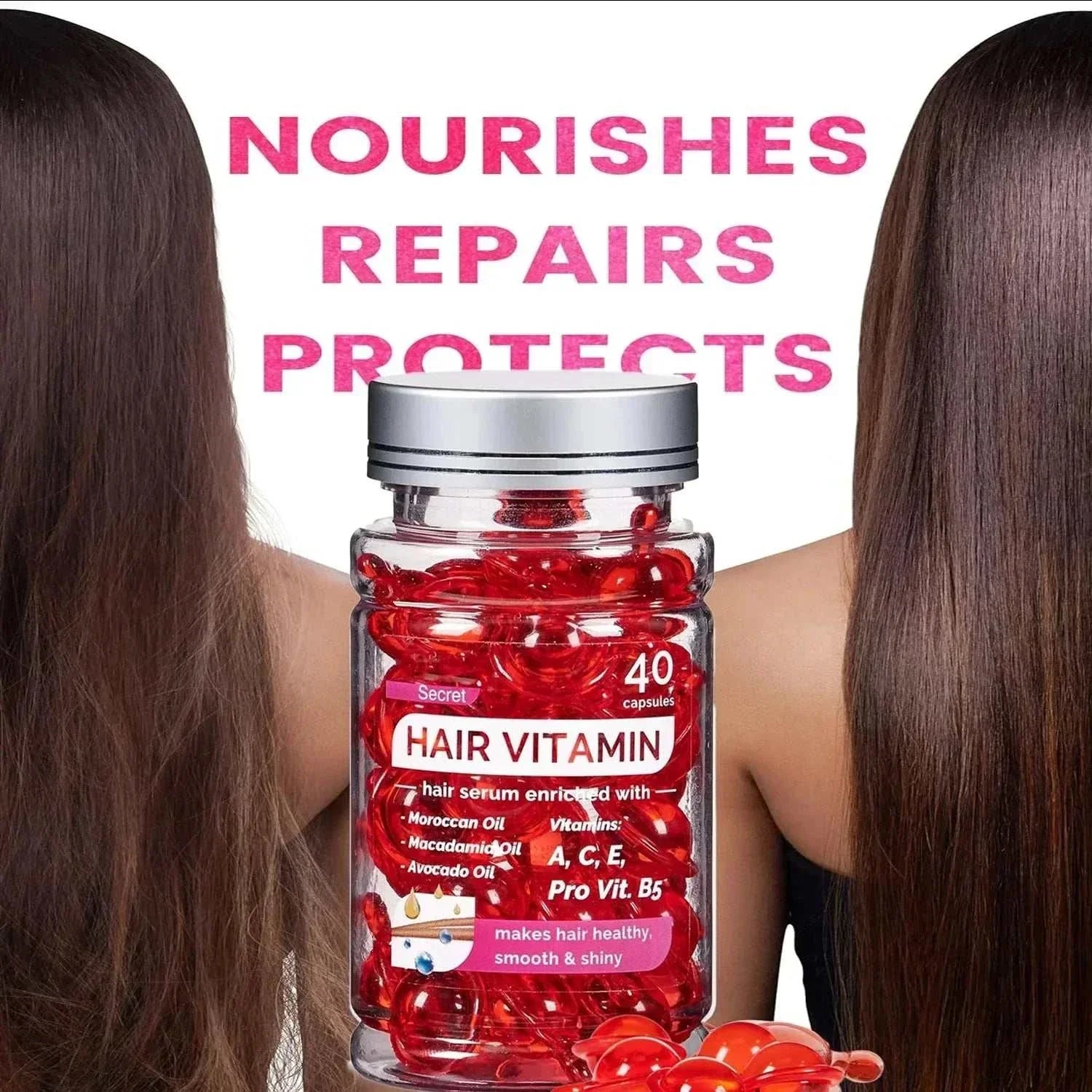 Bottle of Moroccan Agam Vitamin Oil hair capsules with nourished, shiny hair on both sides