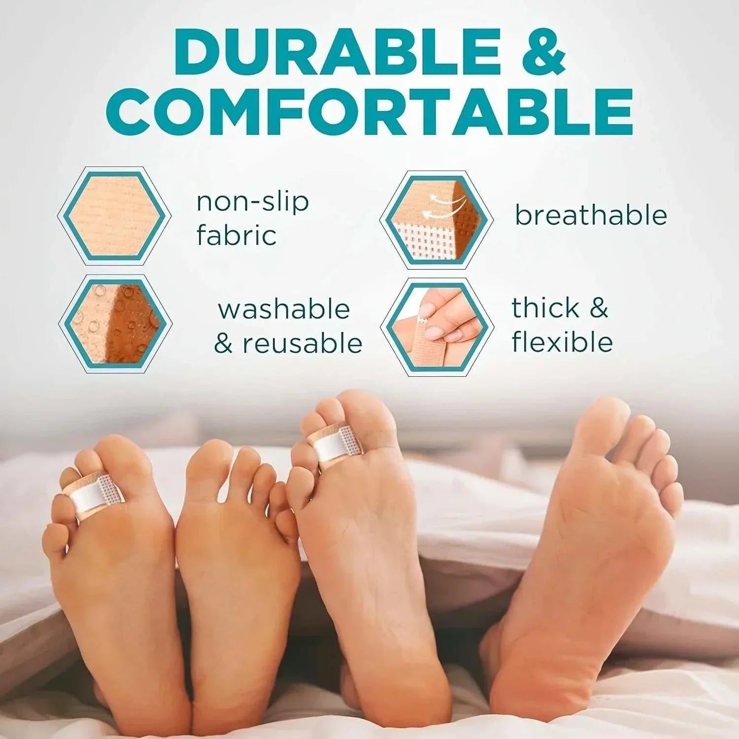 Feet wearing reusable hammer toe straighteners showing durable, non-slip, washable, breathable, and flexible fabric features