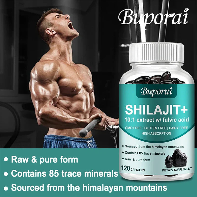 Buporai Shilajit dietary supplement bottle with muscle man exercising, highlighting raw pure form, 85 trace minerals, Himalayan source, 120 capsules, fulvic acid extract for energy and immunity boost
