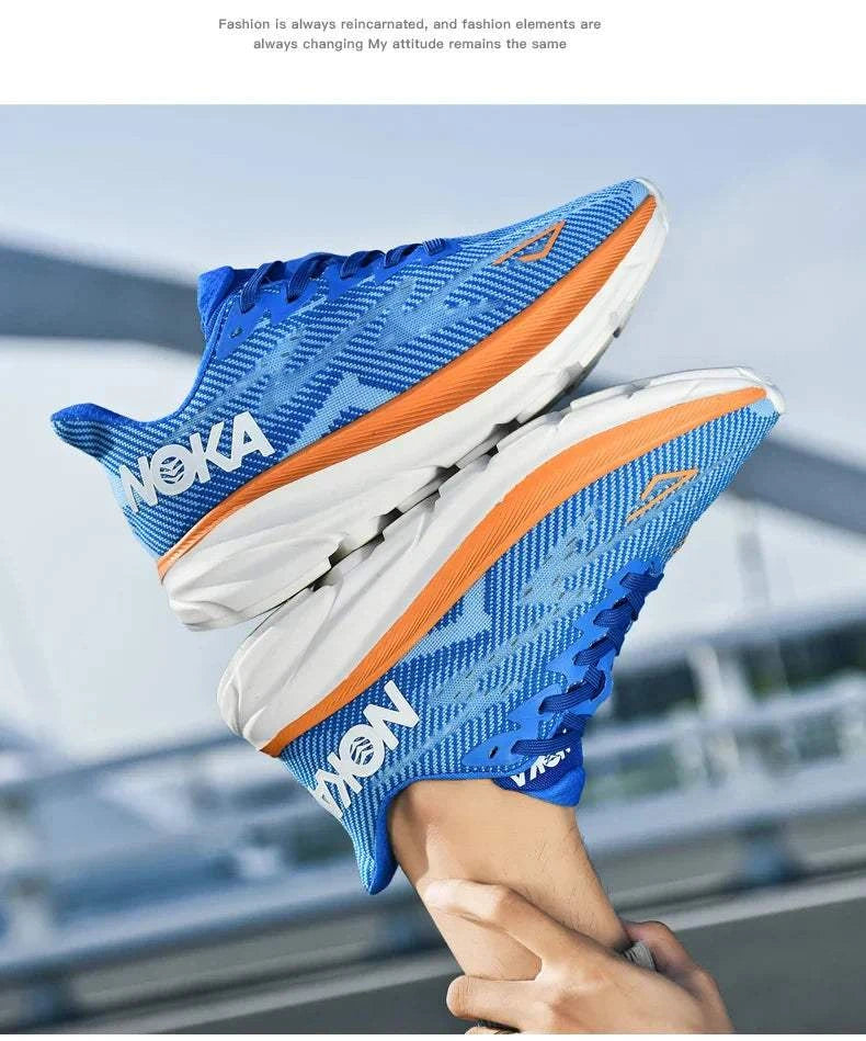 Blue unisex running shoes with carbon plate air cushion midsole and durable rubber outsole for enhanced speed and shock absorption