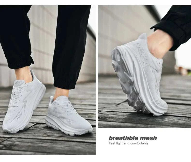 White Carbon Plate Air Cushion running shoes with breathable mesh upper and durable outsole shown worn outdoors