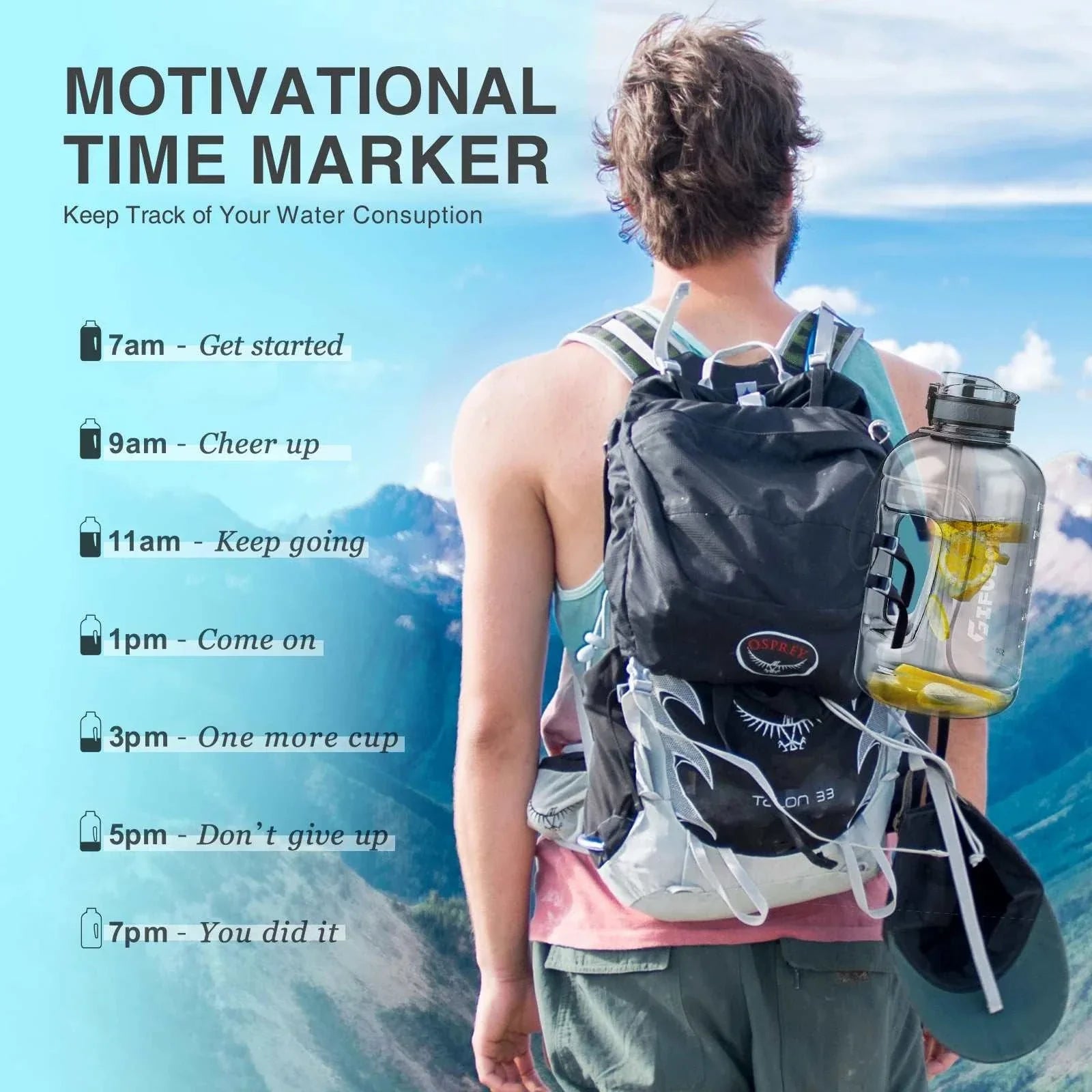 3L motivational water bottle with time markers, built-in straw, leak-proof design, and ergonomic handle for active lifestyle hydration.