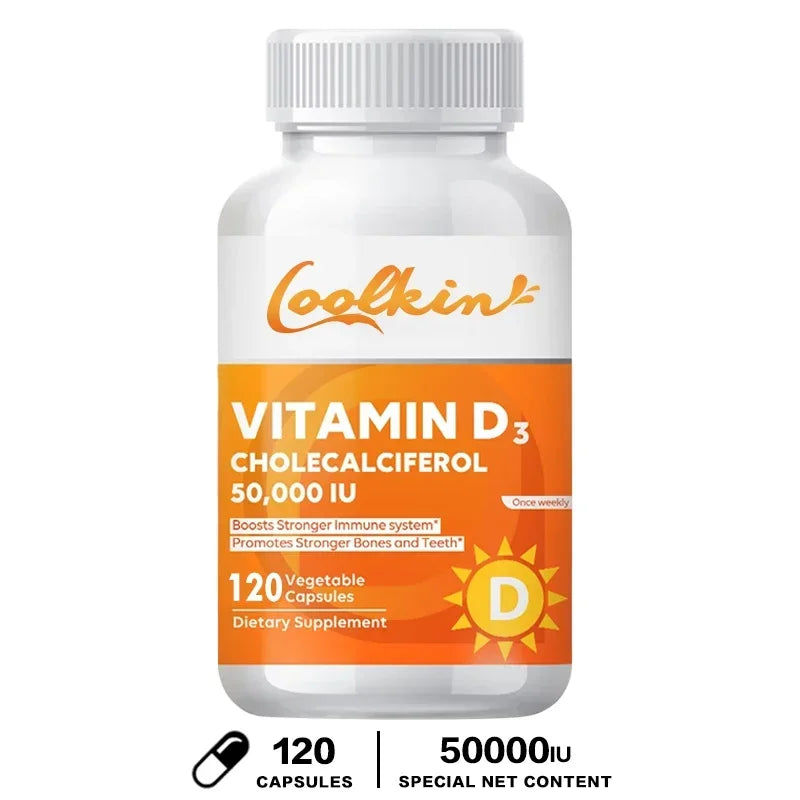 High Potency Vitamin D3 50,000 IU dietary supplement bottle with 120 vegetable capsules for immune and bone health