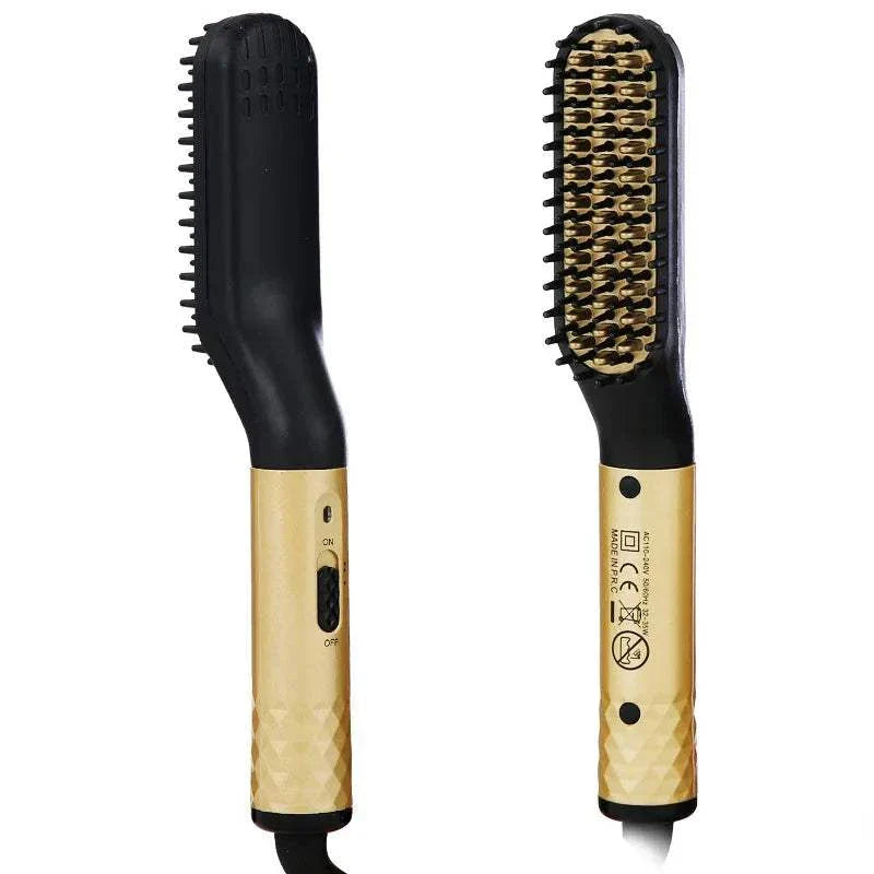 Man Hair Comb Brush Beard Straightener with gold handle and black bristles for grooming and styling hair and beard