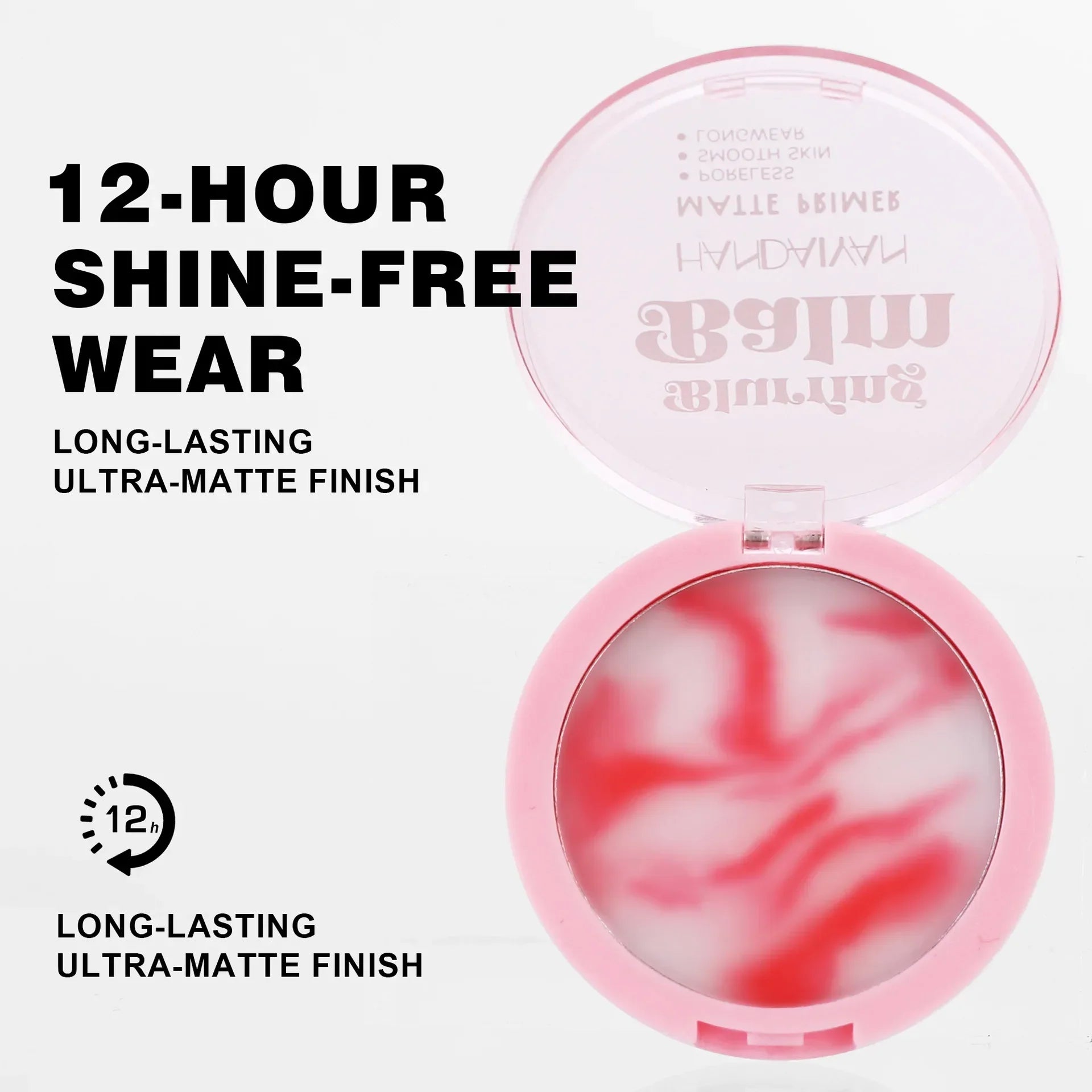 HANDAIYAN Light Mist Setting Powder compact with pink swirled design, promoting 12-hour shine-free, long-lasting ultra-matte finish for oil control and brightening complexion.