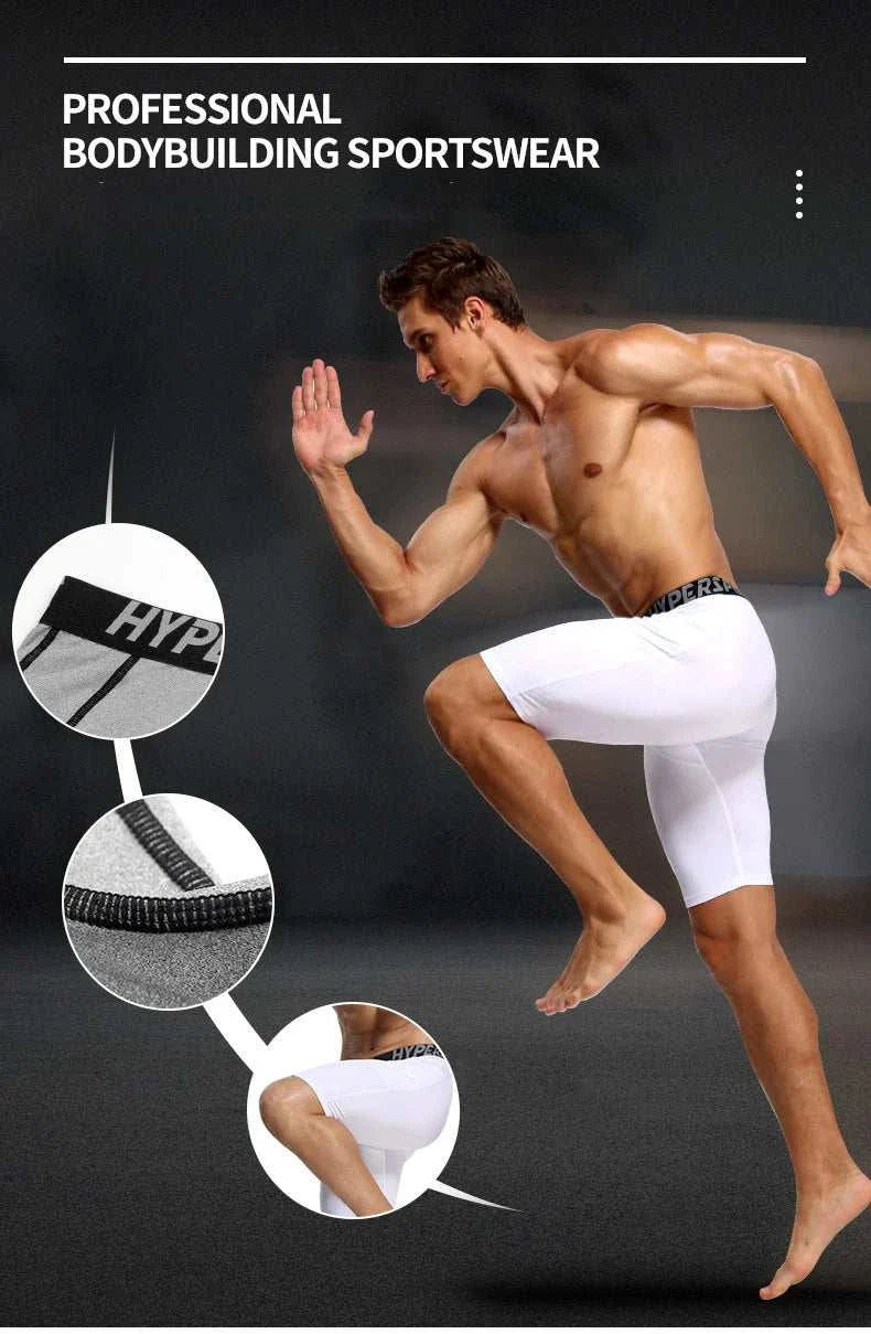 Male athlete wearing white men's compression shorts in running pose showcasing breathable, high-performance, and flexible gym training sportswear.