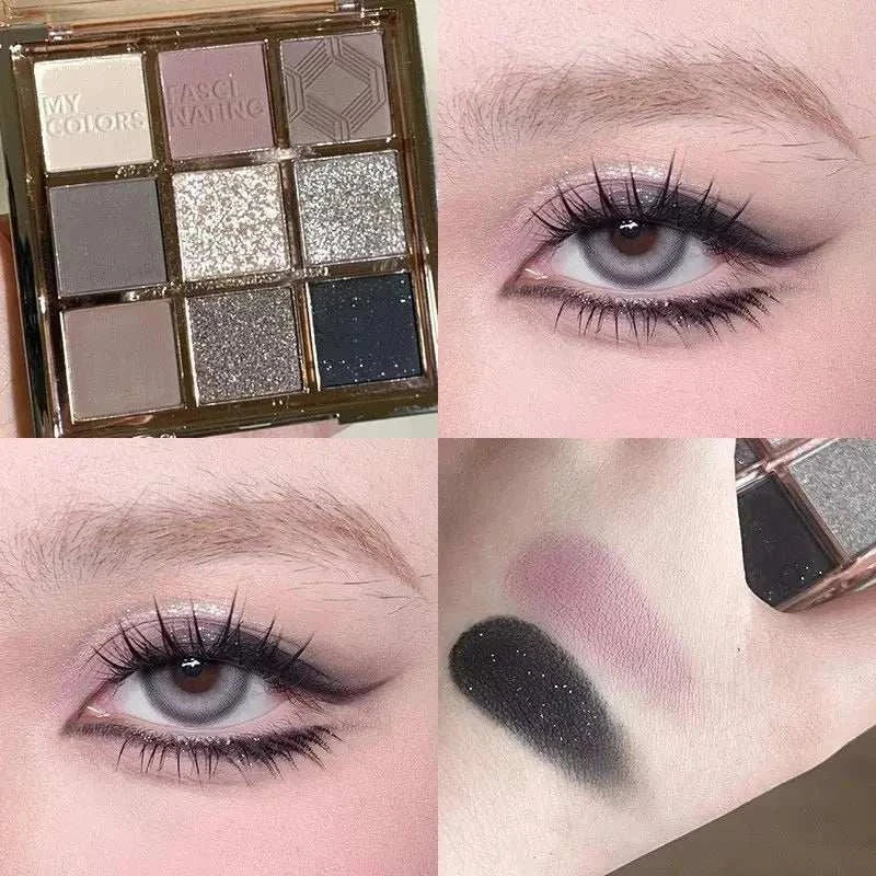 9 Colors Eyeshadow Palette with matte and shimmer shades, featuring black, grey, silver, and cool neutrals, shown with smokey eye makeup and swatches.