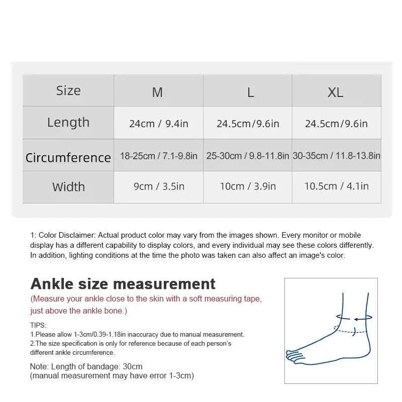 Elastic breathable ankle support brace with elastic compression fit, lightweight and ventilated fabric, available in sizes M to XL for running, sports, and daily wear.