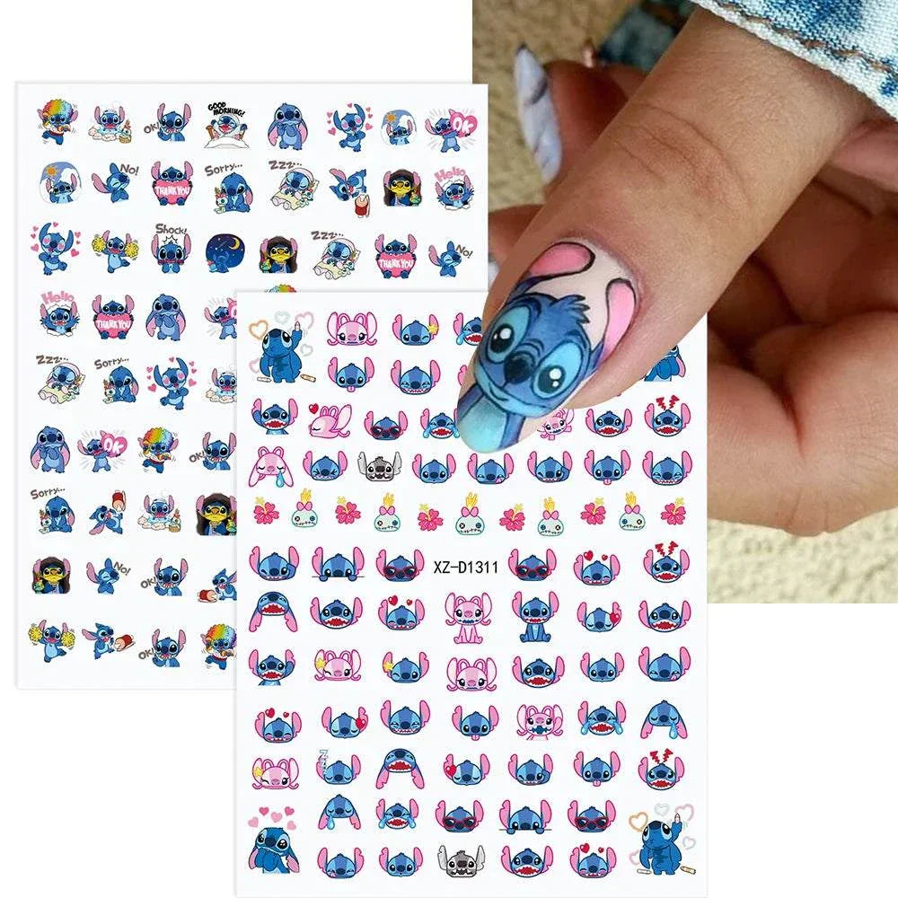 Cartoon Mini Stitch nail stickers with various kawaii expressions and a close-up of a nail featuring a detailed Stitch design