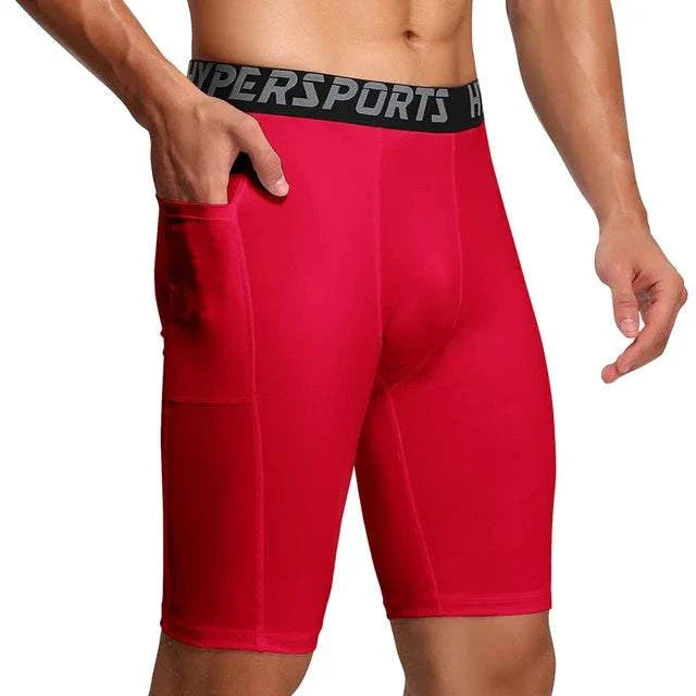 Men’s red compression shorts with side pocket and black waistband for sports and gym training