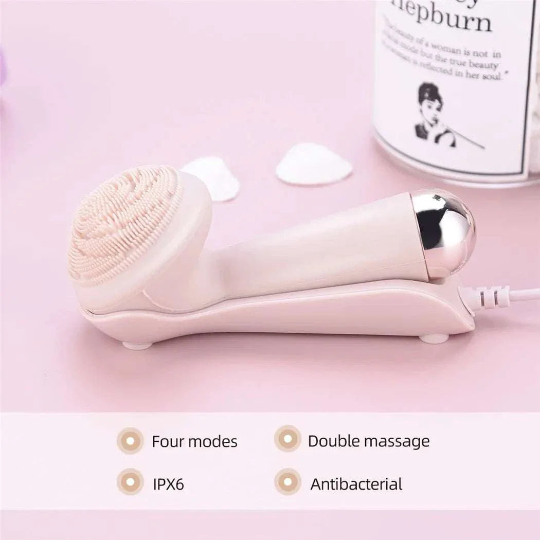 Electric silicone facial brush with soft bristles, vibration massage, waterproof design, and multiple cleansing modes for deep pore cleaning and skincare enhancement.