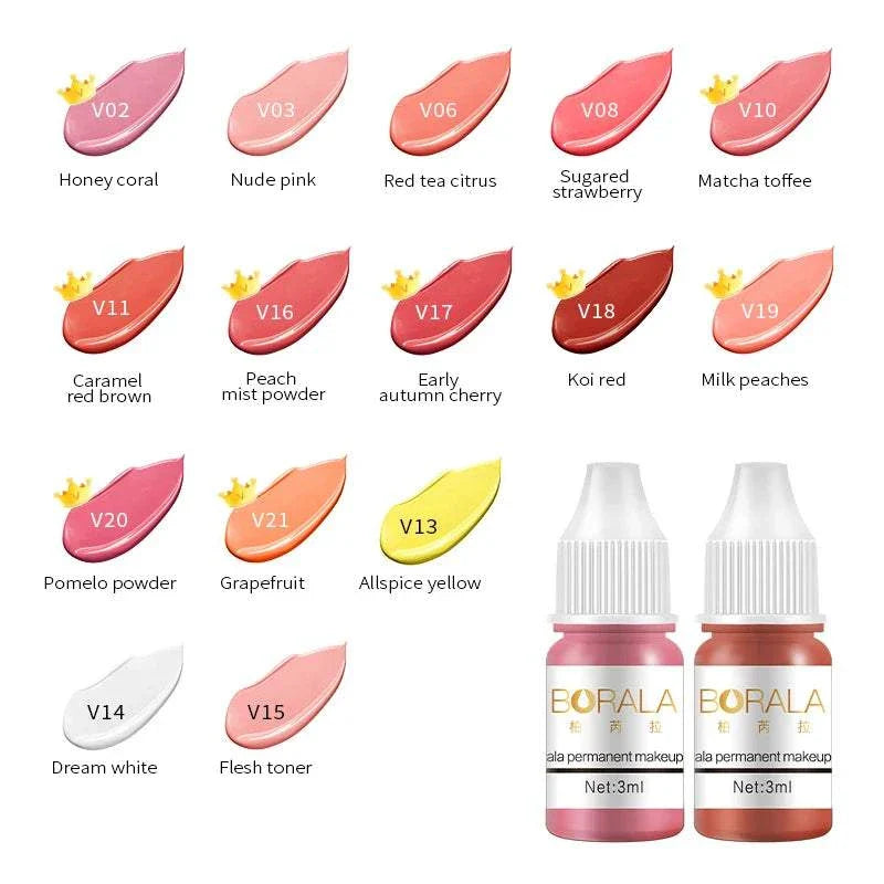 Borala 26 Colors 3ML permanent makeup tattoo pigments in various shades for lips, eyebrows, and eyeliner with sample size bottles
