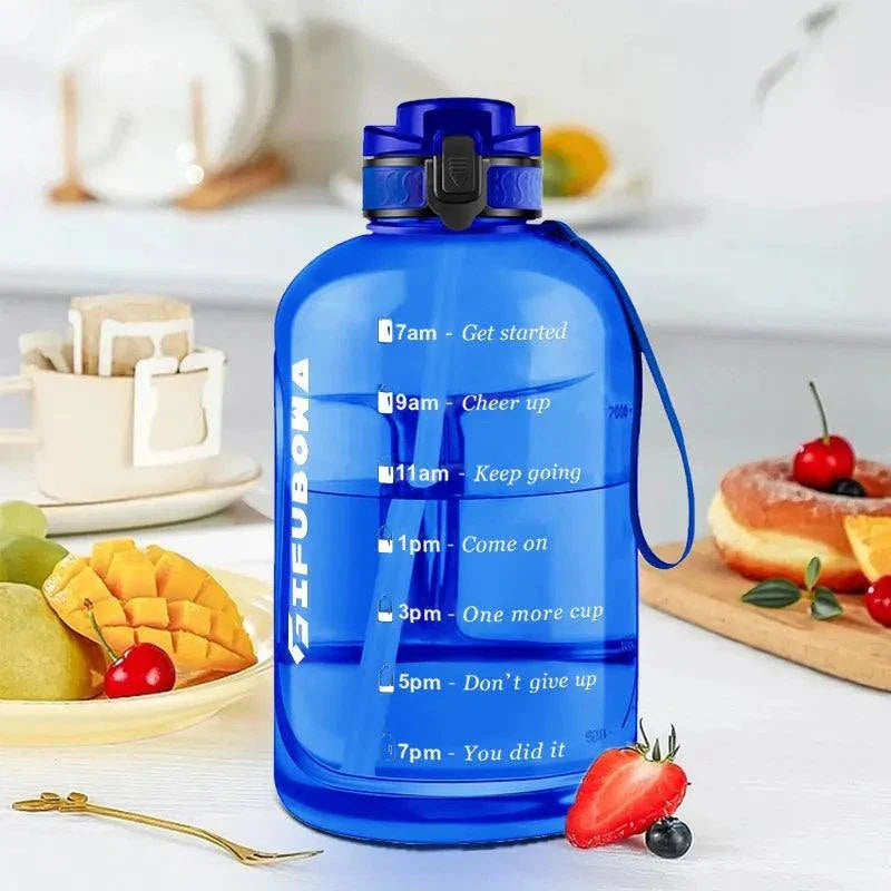 3L Motivational Water Bottle in blue with time markers, leak-proof lid, built-in flip straw, and handle for easy carrying.