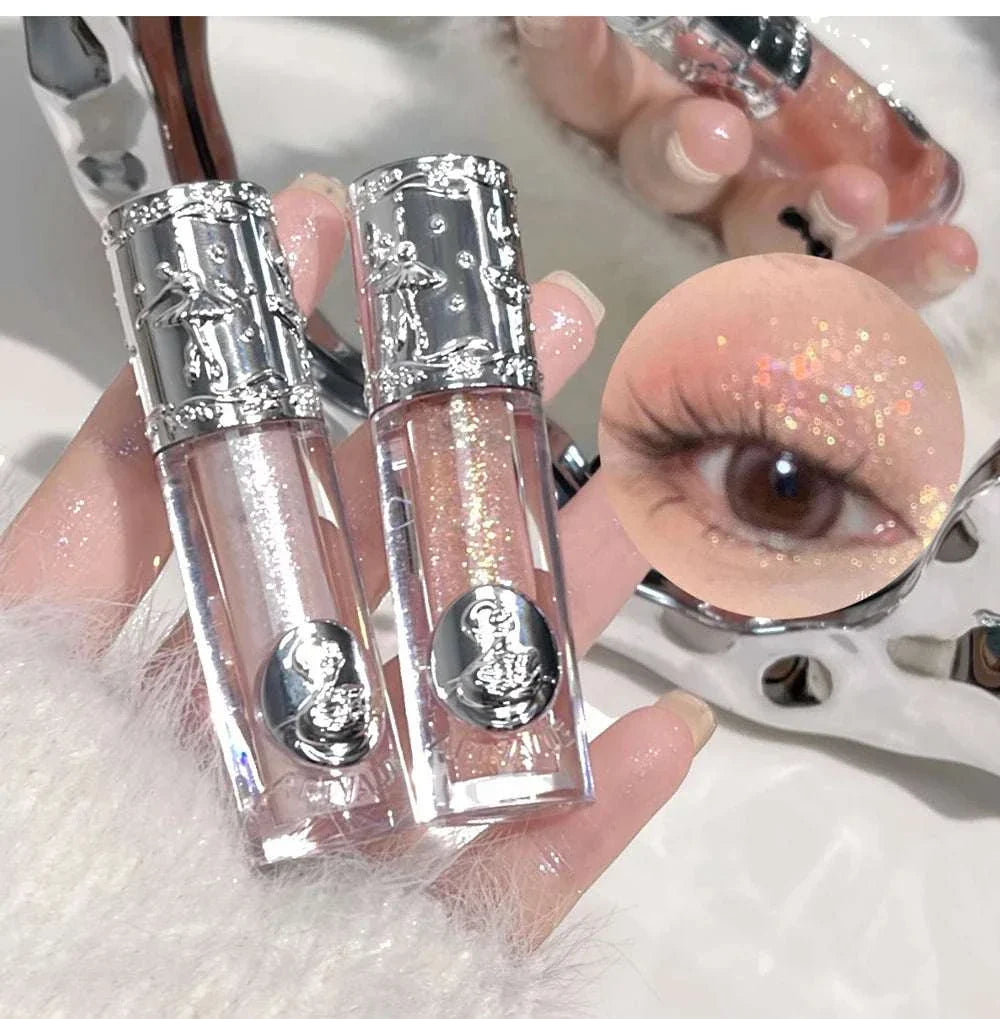 Balletism Liquid Eyeshadow with fine shimmer in elegant silver packaging and close-up of glittery eye makeup look