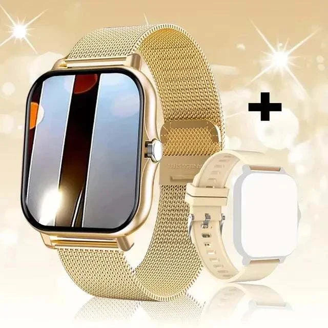 Gold KESHUYOU 2025 Smart Watch with mesh band and additional beige silicone strap against sparkling background