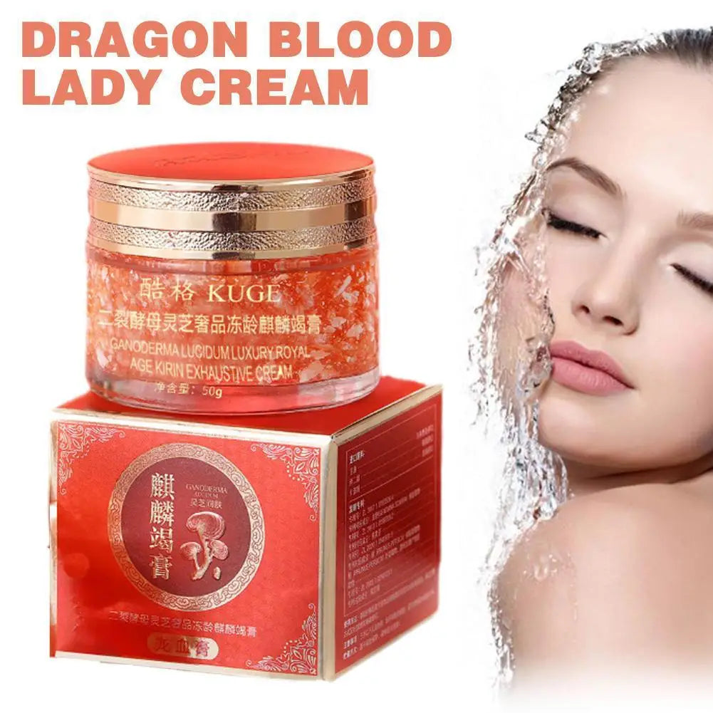 Dragon Blood Retinol Cream moisturizer jar and box with water splash on woman's face, Korean skincare product for hydration and anti-aging