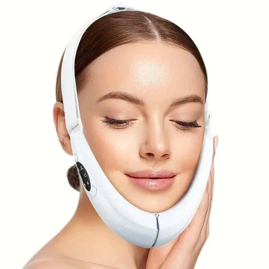Woman using rechargeable V Line Face Lift Massager with LED display for facial toning and lifting