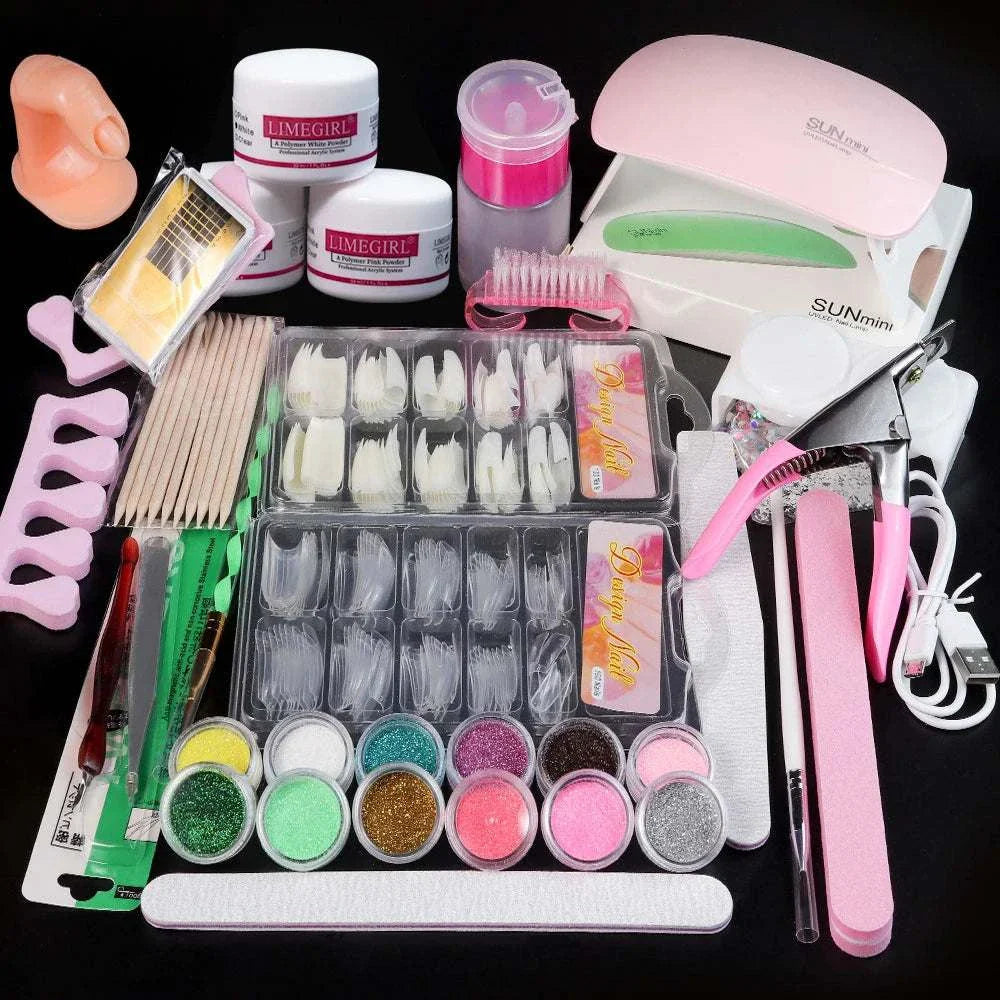 Nail Acrylic Powder & Liquid Monomer Kit with acrylic powders, liquid monomer, nail tips, carving tools, nail files, glitter powders, and UV lamp for DIY 3D nail art and manicure.
