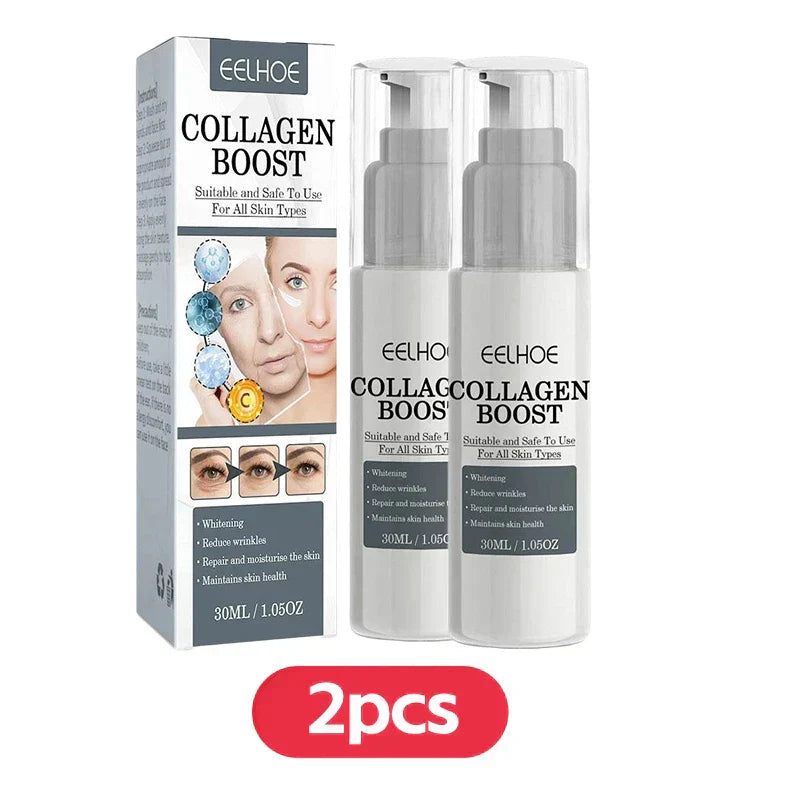 Two bottles of Eelhoe Collagen Boost Firming Essence Cream with box for skin whitening, wrinkle reduction, and hydration, 30ml each