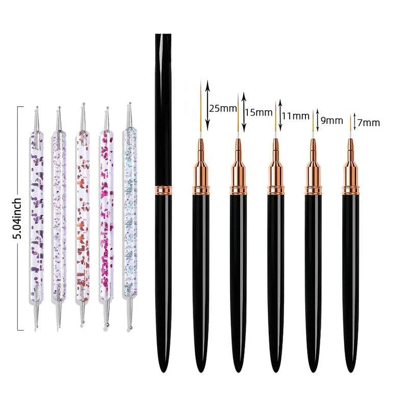 5pcs Nail Liner Brush Set with varying sizes from 7mm to 25mm for precise nail art detailing