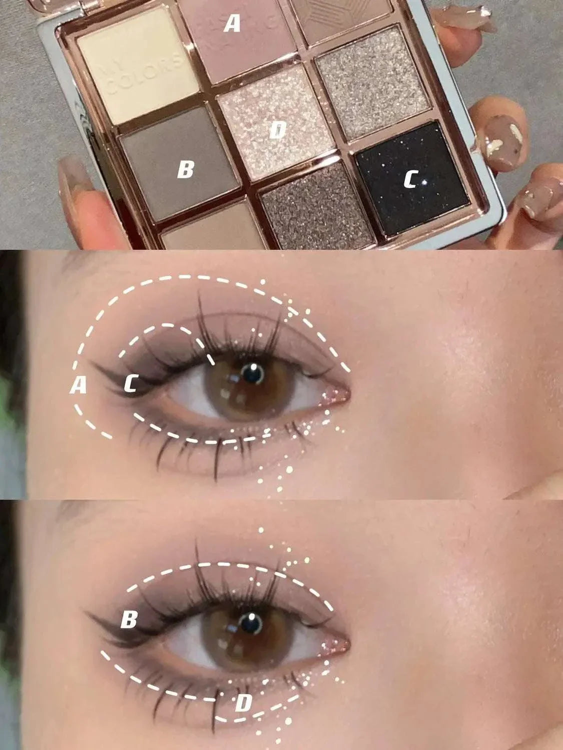 9 Colors Eyeshadow Palette with matte and shimmer shades applied for smokey and soft matte eye looks demonstration