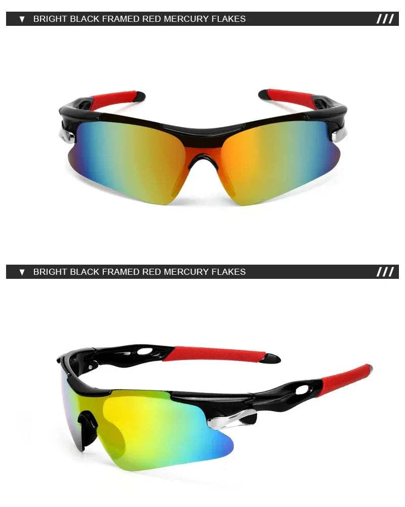 RIDERACE sports men sunglasses with black frame, red accents, and reflective multi-color lenses for cycling and outdoor activities