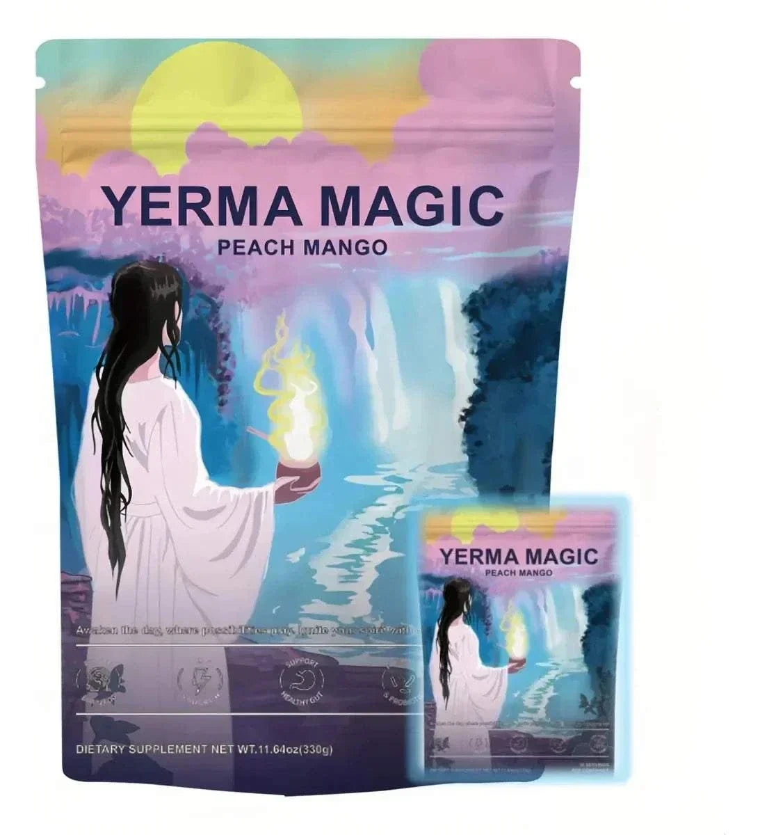 YERMA MAGIC Instant Yerba Mate Powder Peach Mango flavor packaging with mystical woman holding a glowing cup by a waterfall scene