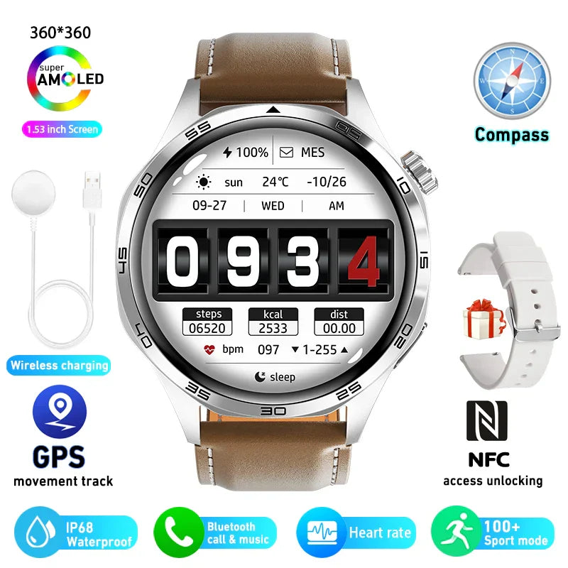 HUAWEI GT5 Pro Smartwatch with 360x360 AMOLED display, GPS, NFC, heart rate monitor, Bluetooth calling, IP67 waterproof, and fitness tracking.