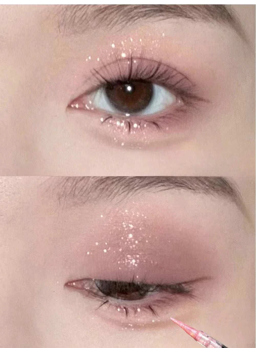 Close-up of an eye with delicate shimmering liquid eyeshadow applied on the eyelid and lower lash line for a radiant highlight effect.