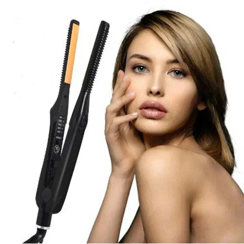 Mini Teddy Wave Hair Straightener compact black ceramic plates portable styling tool with woman modeling smooth hair